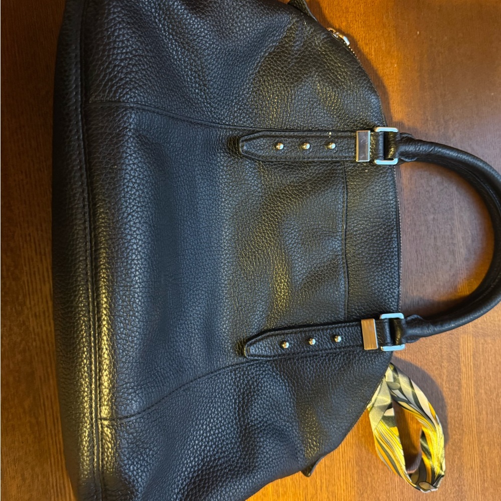 Michael Kors Black Pebbled Leather Satchel with Yellow-Gray Scarf - Picture 4 of 13